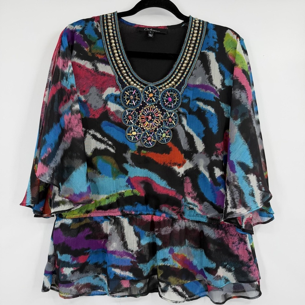Calessa Tunic Womens L Multicolor Scoop Neck 3/4 Sleeve Beaded Embroidered